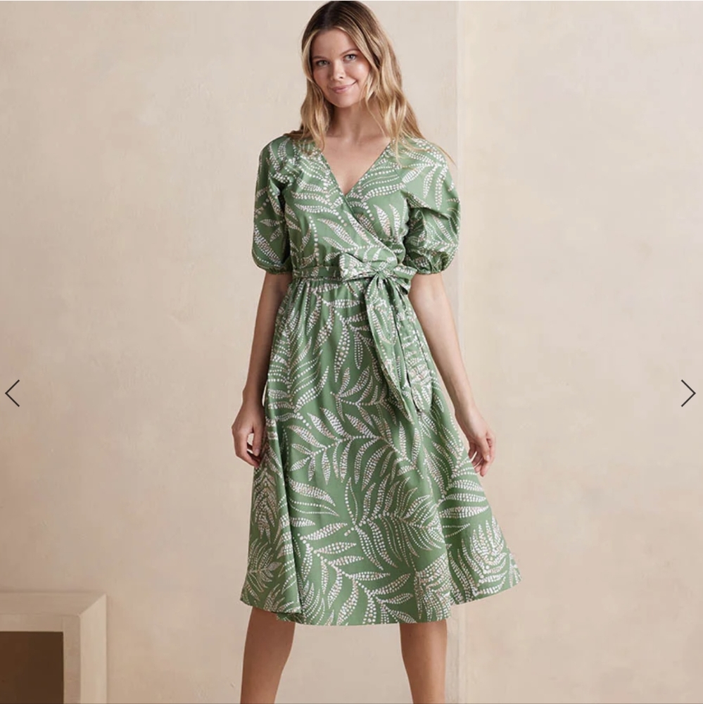 NWT Summersalt Coastal Popilin Puff-Sleeve Wrap Midi Dress Large